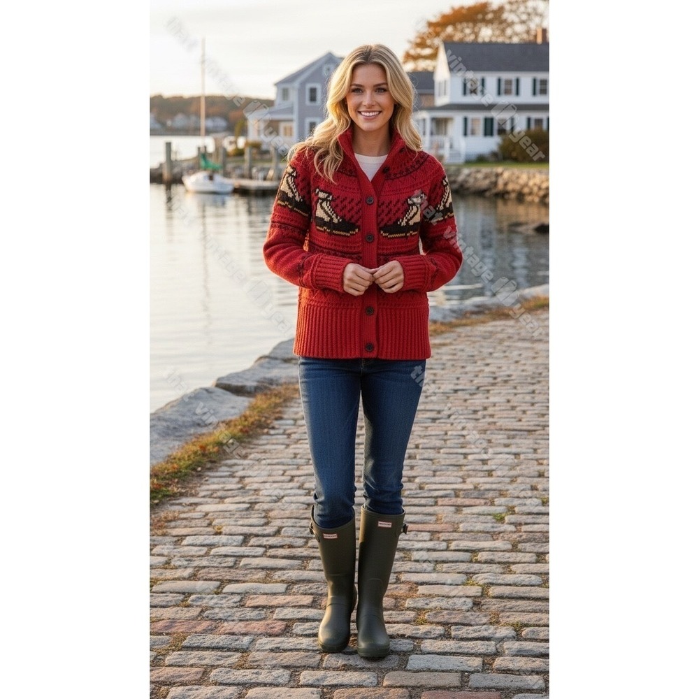 NWT L.L Bean Signature Cotton Fisherman Cardigan FairIsle Bean Boots, Med Petite